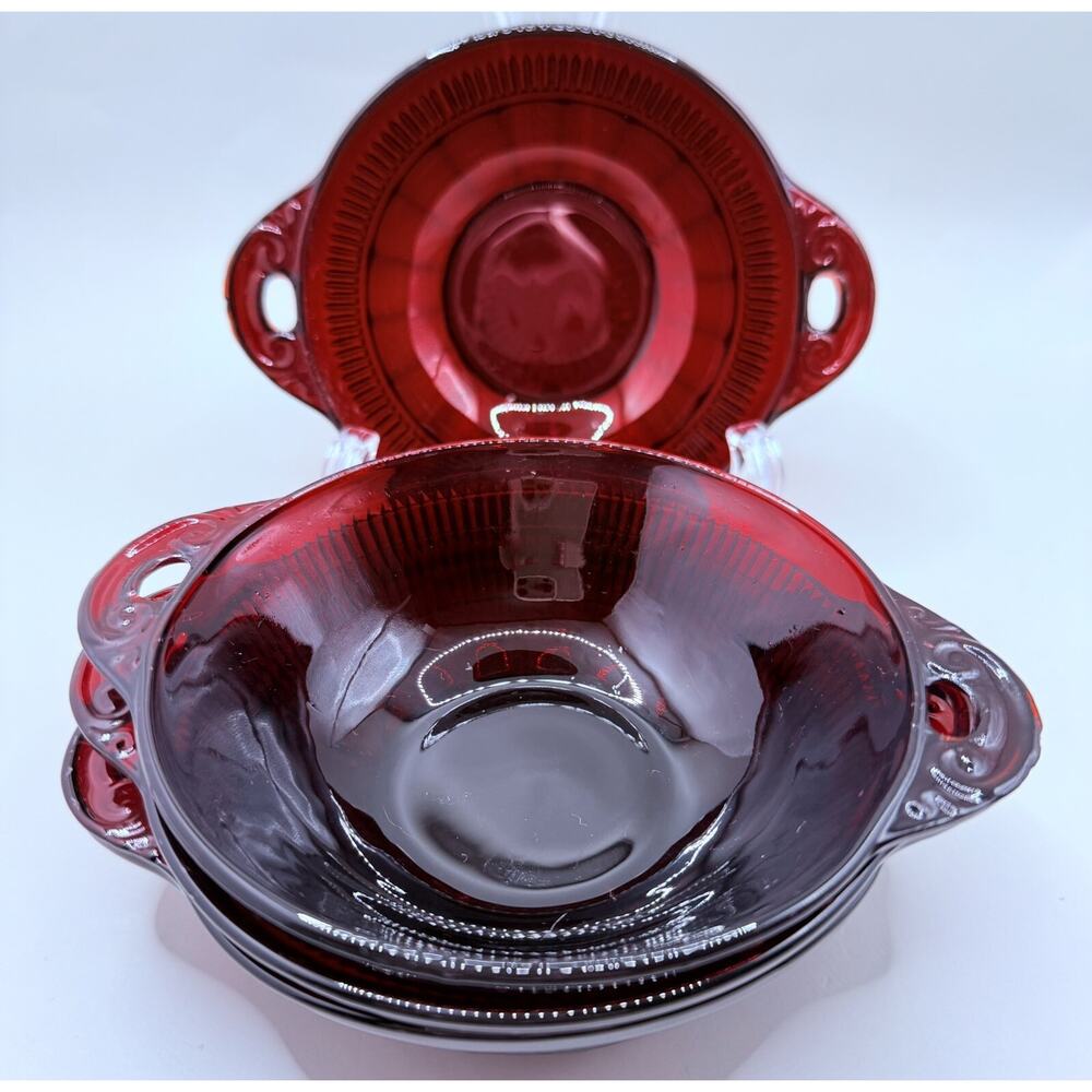 Anchor Hocking Ruby Red Depression Glass Coronation Berry Bowls Set of 4 Vintage